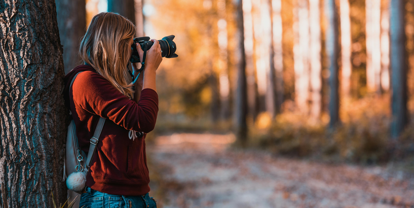 Meitene fotografē kokus mežā