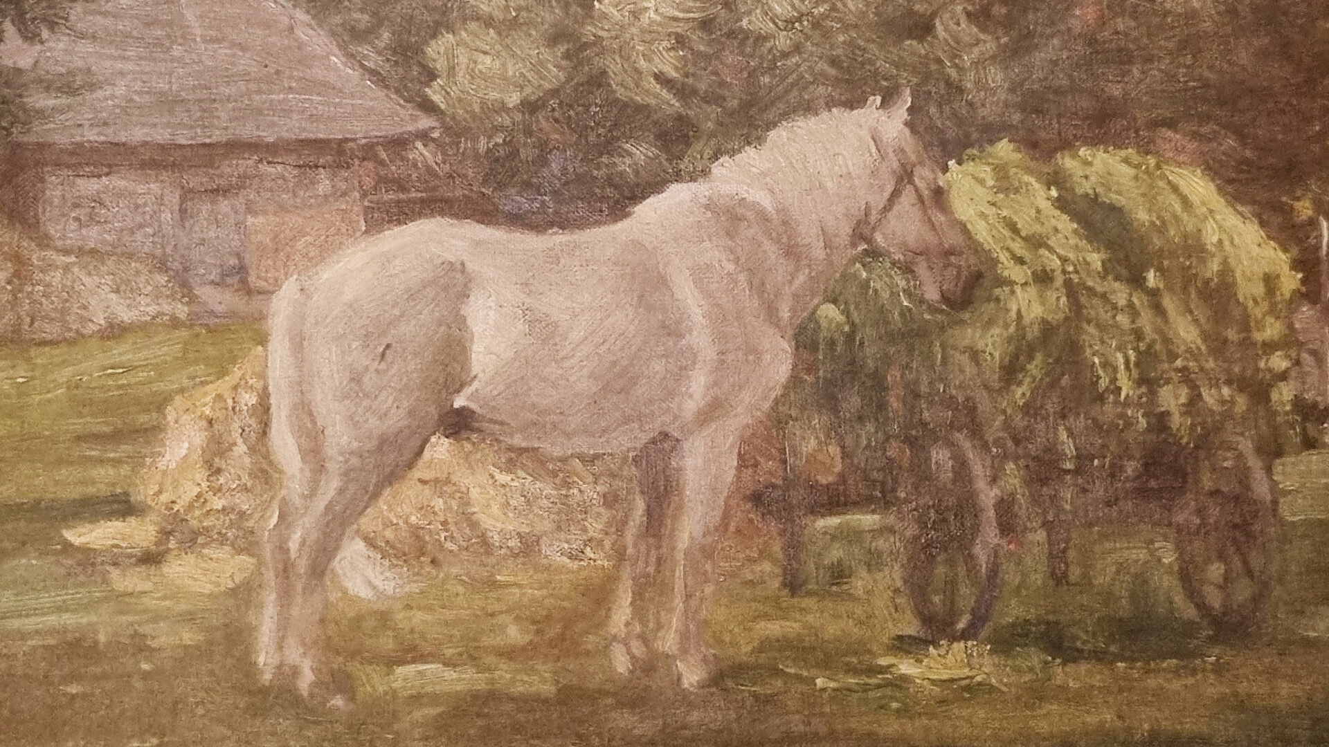 Gleznā attēlots zirgs pie ar svaigi pļautu zāli piekrāmētiem ratiem